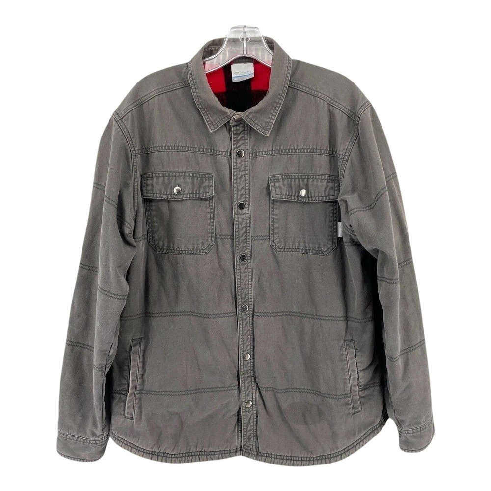 Columbia Gray Button Front Shirt Shacket Men's Large Red Plaid‎ Lined Outerwear